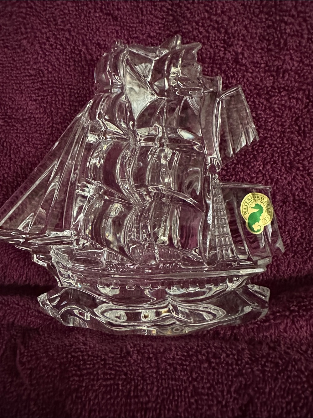 Waterford Clear Crystal Tall Ship Figurine with Green Gold Label